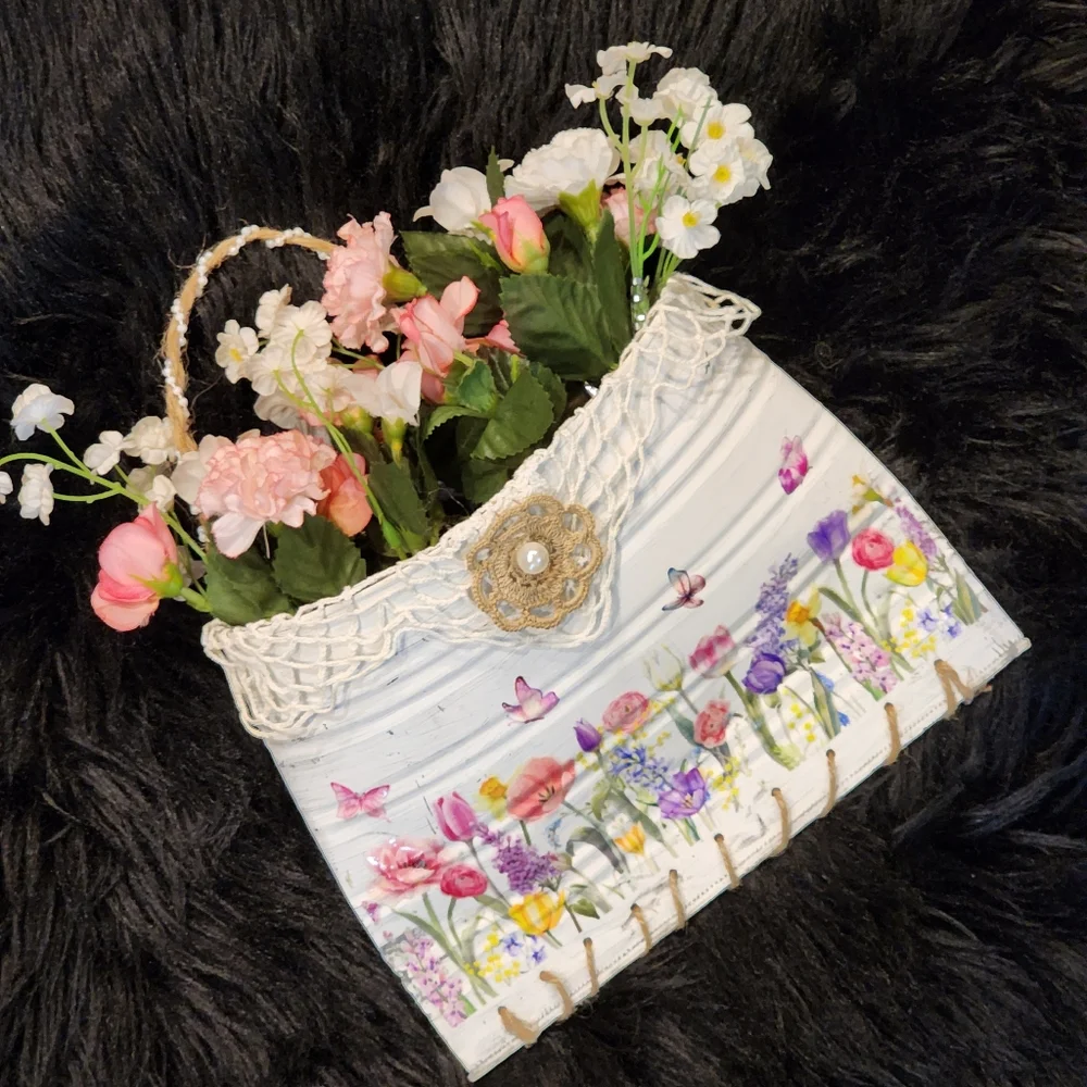 Hand Crafted One Of A Kind Cottage Core Farmhouse Floral Tin Can Wall Pocket